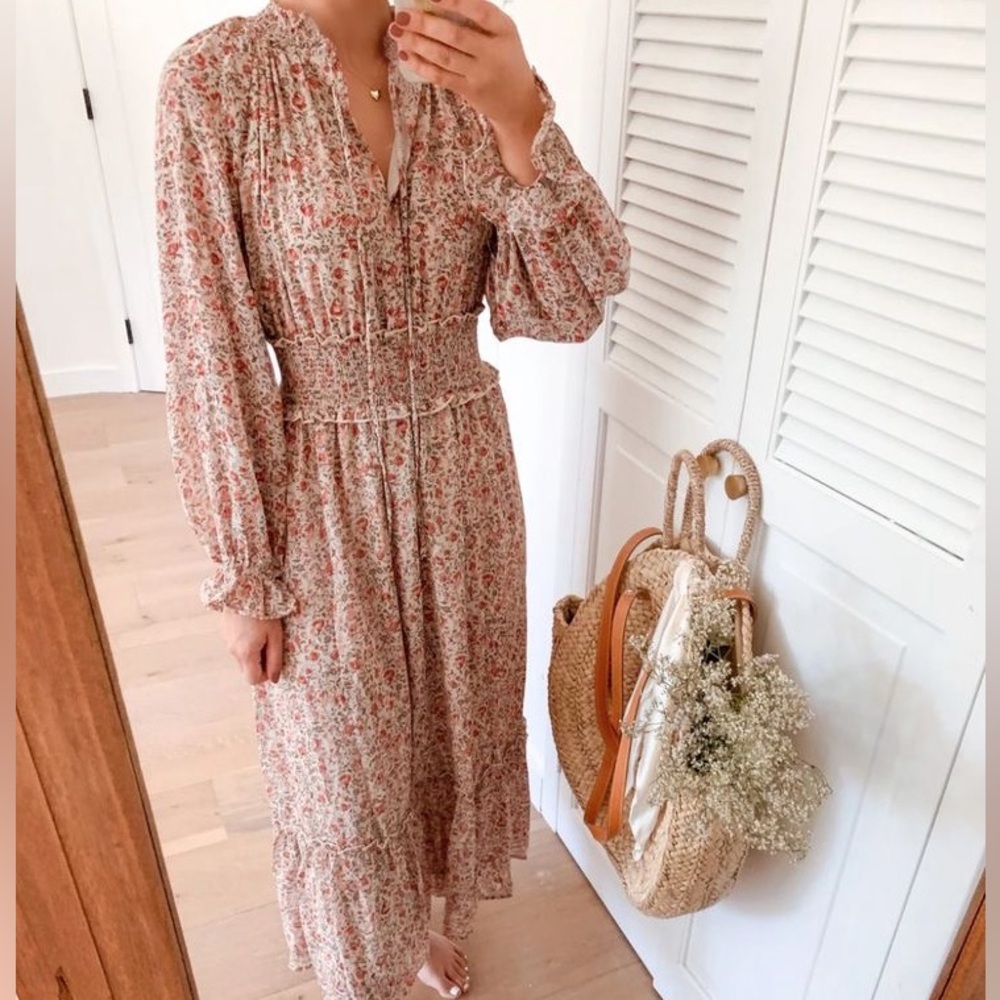 In Loom Dress from Breath of Youth. Beige and red floral pattern. Size Small